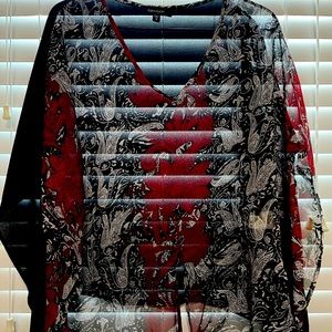 Women’s L By Karen Kane, Red white, blacks and white,  sheer 100.% rayon!